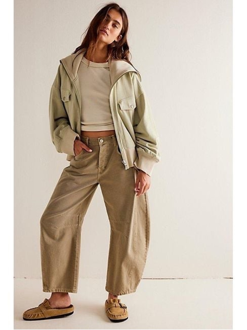 Free People We The Free Taupe Good Luck Mid Rise Barrel Jeans - Picture 4 of 14